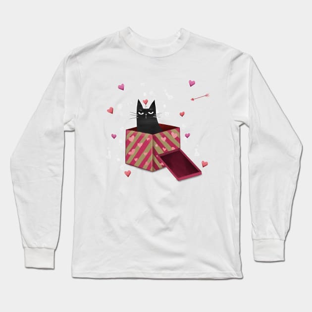 Happy valentines black cat. Cute cat and red hearts. Long Sleeve T-Shirt by Olena Tyshchenko